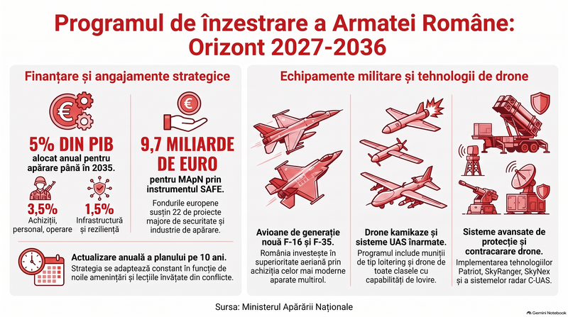 Infografic cu detaliile din Planul de Înzestrare a Armatei Române: Imagine generată cu ajutorul inteligenței artificiale