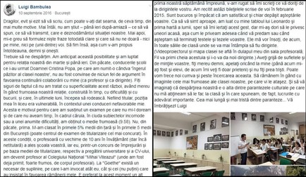 Mesajul de despărțire postat de profesorul Luigi Bambulea pe Facebook