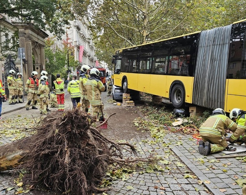 30 de victime printre pasagerii unui autobuz, care a smuls un copac din rădăcini și apoi s-a urcat pe o dubă, în Dresda