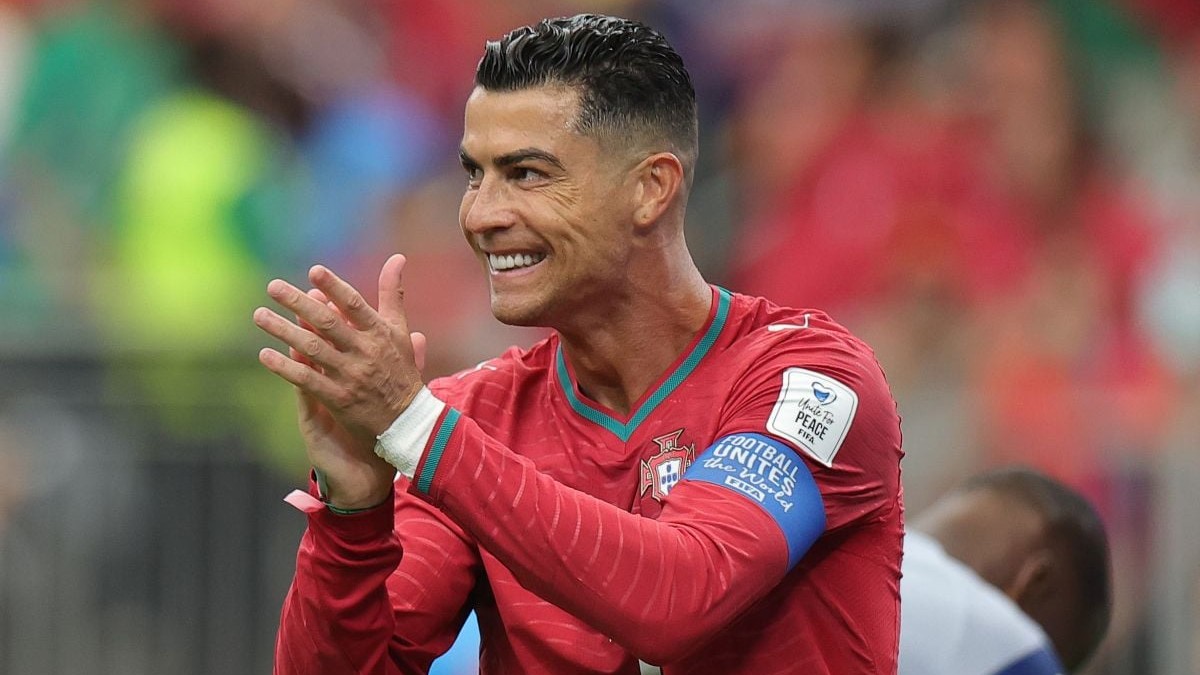 HOUSTON, TEXAS - JUNE 17: Cristiano Ronaldo #7 of Portugal reacts during the FIFA World Cup 2026 Group K match between Portugal and Congo DR at Houston Stadium on June 17, 2026 in Houston, Texas. (Photo by Alex Slitz/Getty Images)