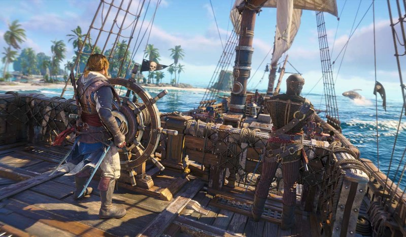 Edward Kenway din Assassin’s Creed Black Flag Resynced, la cârma corabiei Jackdaw. Foto: Ubisoft