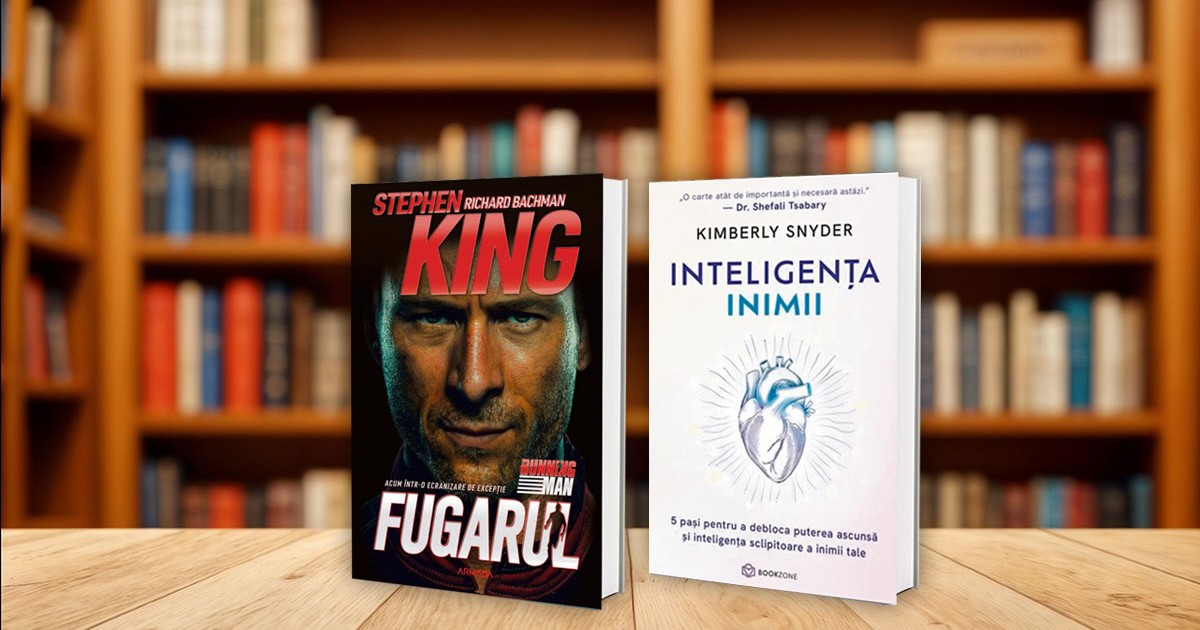 Cărțile "Fugarul" și "Inteligența inimii" așezate pe masă în bibliotecă