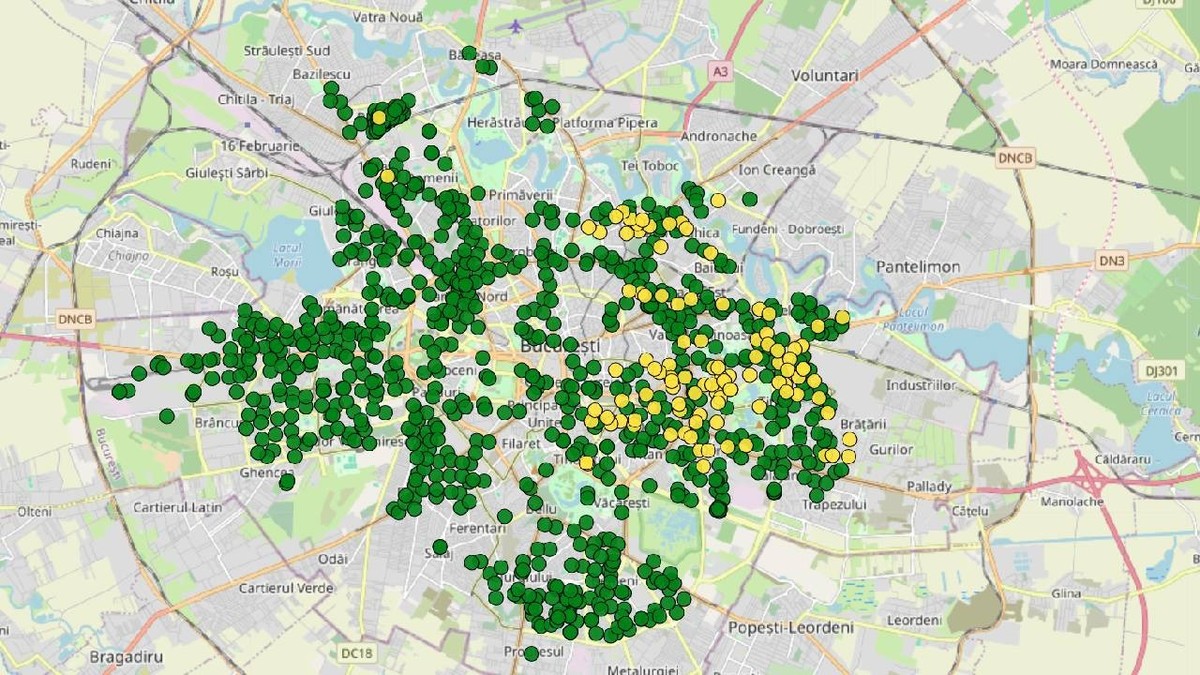 Harta Bucureștiului cu zone, reprezentate prin puncte galbene și verzi, care rămân fără căldură și apă caldă
