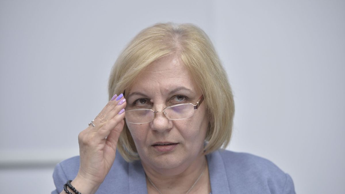 Elena Mateescu, șefa ANM, își ține cu mâna dreaptă ochelarii de vedere de la ochi și este îmbrăcată cu un costum gri