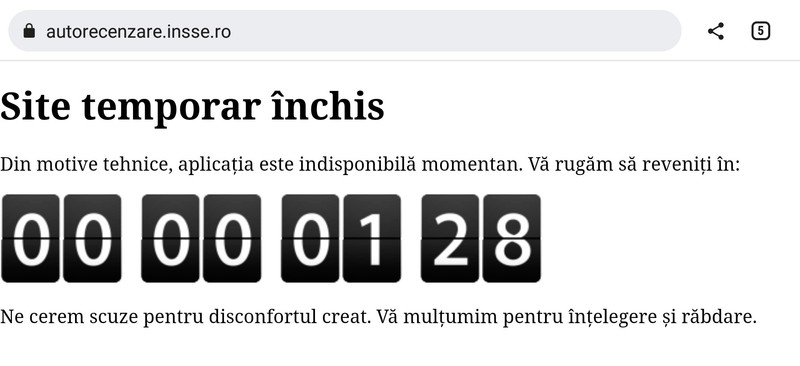 Mesajul de eroare afișat pe site-ul autorecenzare.insse.ro. La ora 16.50, site-ul care aparține INS a redevenit funcțional