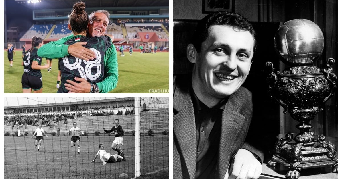 Colaj de fotografii cu Albert Flórián junior: Sus, bucurându-se alături de una dintre elevele sale. Jos, seniorul (în negru), marcând un gol pentru Ungaria. În dreapta, cu Balonul de Aur din 1967. Foto: fradi.hu și Profimedia
