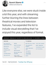 Lista de filme și seriale preferate ale fostului președinte american. În stânga jos, „Collective”, adică „Colectiv”, documentarul regizat de Nanau