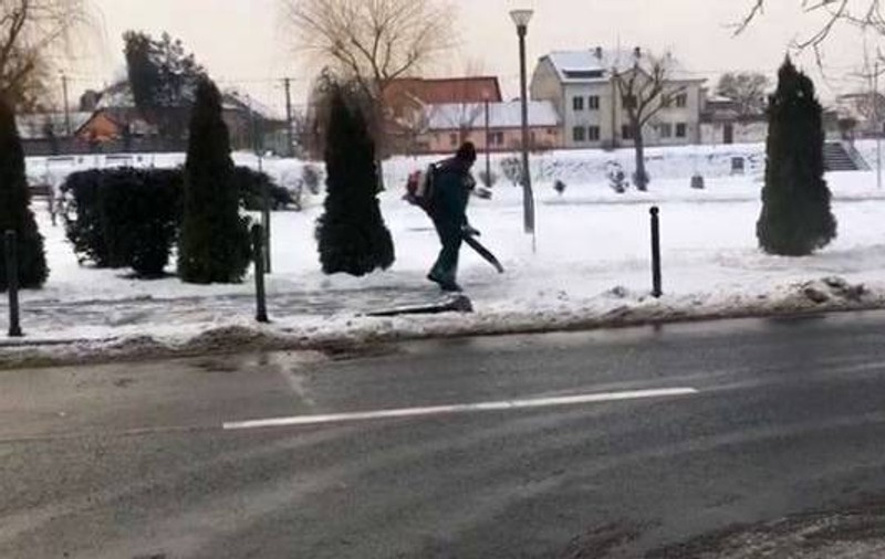 Deszăpezire cu suflanta de frunze la Timișoara. Un angajat al Primăriei, surprins în acțiune / VIDEO