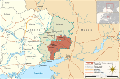 Harta Donbasului, la începutul invaziei ruse, în februarie 2022. Cu maro e zona controlată de separatiștii ruși din Republicile Populare Donețk și Lugansk. Foto: Wikipedia
