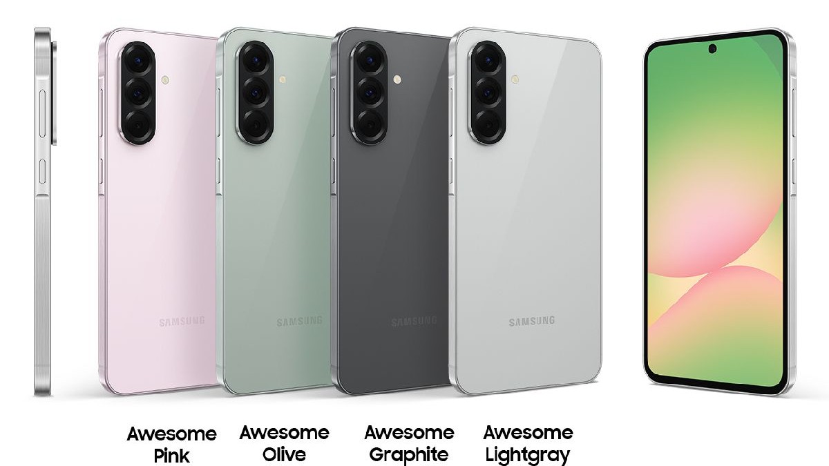 Telefoane Samsung Galaxy A56 aliniate pentru prezentare în culorile roz, albastru, gri, alb.