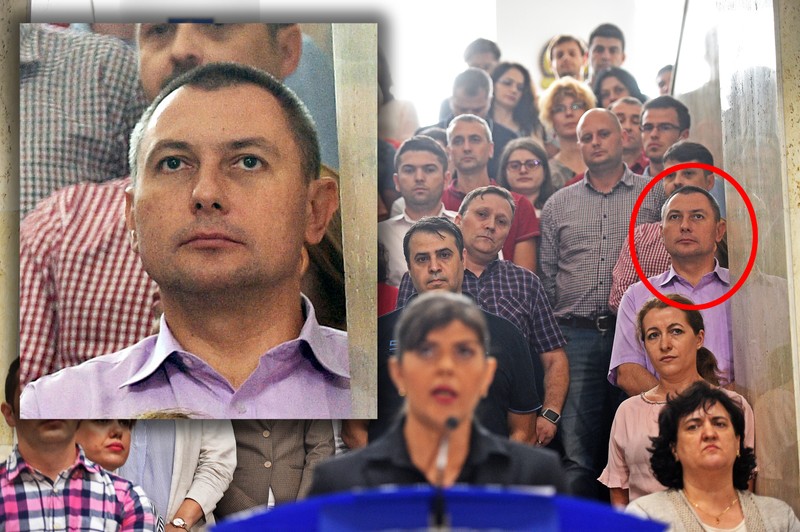 Grigore Popescu asistă la declarația de presă ținută de Laura Codruța Kovesi după revocarea din funcie a acesteia, luni 9 iulie 2018, la sediul DNA din București