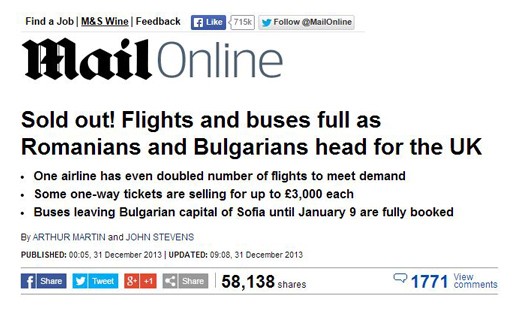 “Avioanele și autobuzele sunt pline de români și bulgari care vin spre Regat”, scria Daily Mail în 2013