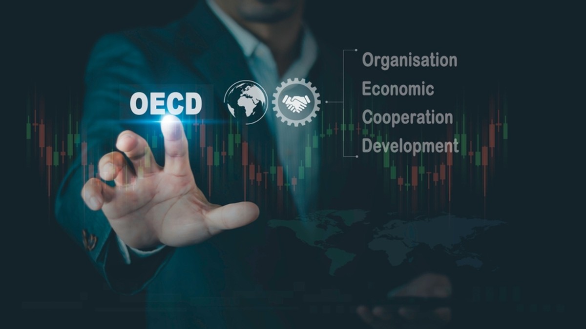 Ce este OCDE, organizaţia la care vrea să adere România - Imagine cu un bărbat care pune arătătorul drept pe un panou transparent pe care se află acronimul OECD.