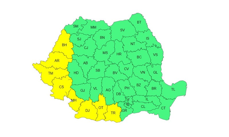 Cod galben de caniculă în opt județe