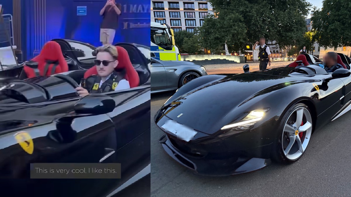 Un politist tanar, cu ochelari de soare, conduce un ferrari monza SP2 negru // Un Ferrari Monza SP2 negru