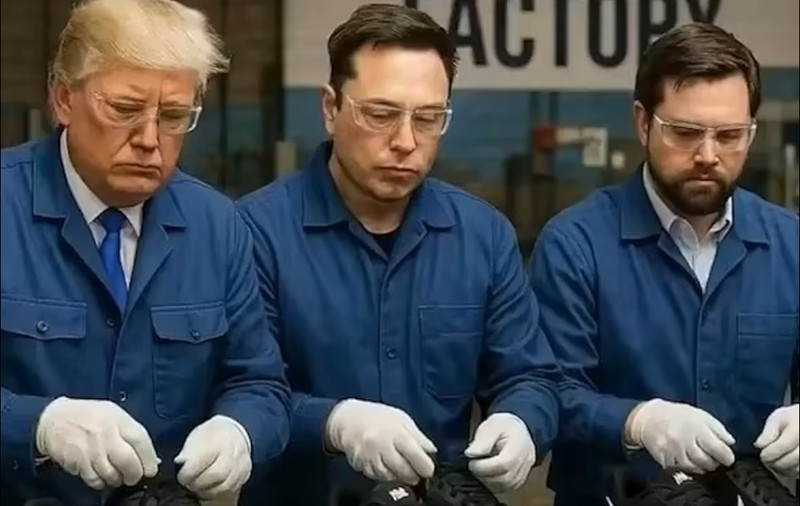 Trump, Musk și JD Vance, ironizați într-un nou clip. Cei trei apar muncind „cot la cot” pe o linie de producție de pantofi sport