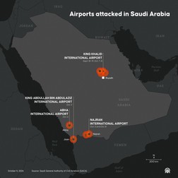 Aeroporturi atacate în Arabia Saudită în lunile septembrie și octombrie 2026. Sursă foto: Profimedia Images