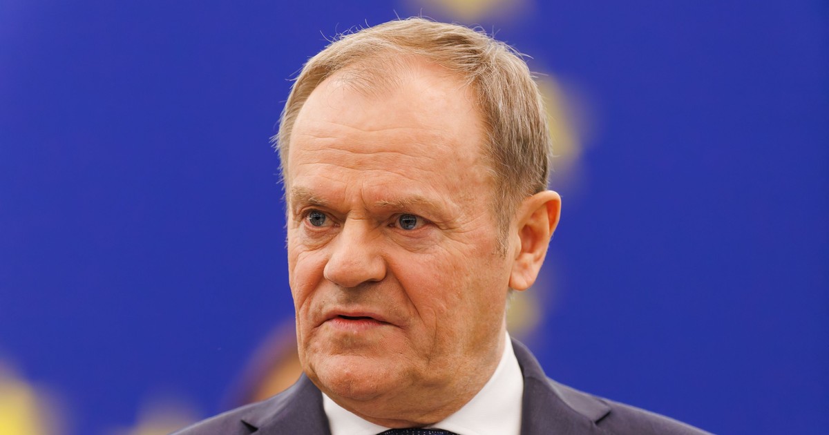Premierul Poloniei, Donald Tusk, îmbrăcat în costum și cu steagul UE în spate