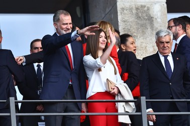 King Felipe VI of Spain with Her Royal Highness the Infanta Sofia Spain v England, UEFA European Championship 2024, Final, Football, Olympiastadion, Berlin, Germany, 14 Jul 2024,Image: 889697601, License: Rights-managed, Restrictions: EDITORIAL USE ONLY No use with unauthorised audio, video, data, fixture lists, club/league logos or "live" services. Online in-match use limited to 120 images, no video emulation. No use in betting, games or single club/league/player publications., Model Release: no