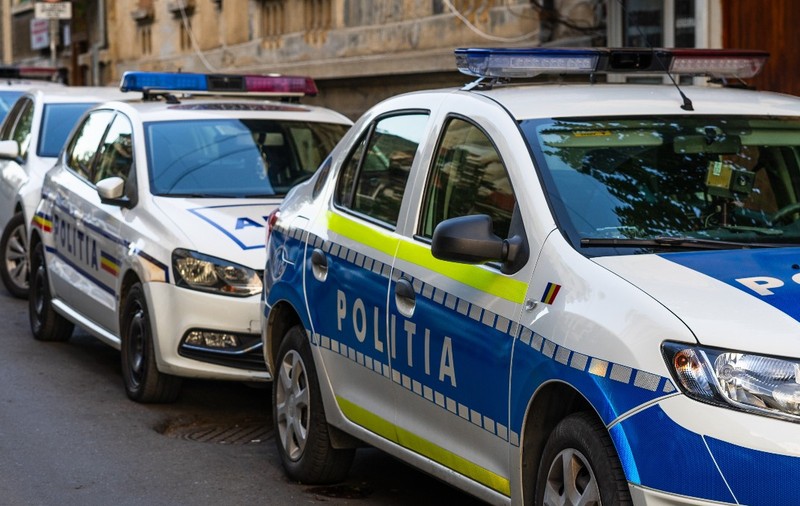 Mai multe mașini de poliție parcate pe marginea drumului