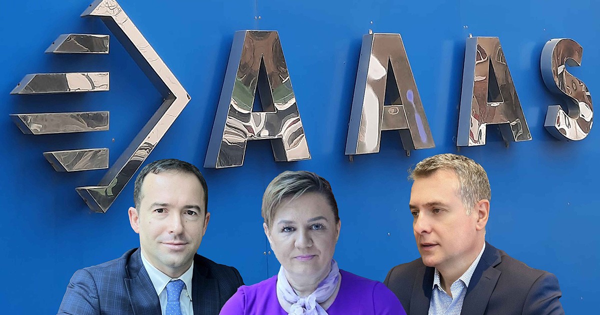 Florian Geantă, Violeta Tudorie, Claudiu Năstase, membri AAAS cu averi colosale ai AAAS, cu logo-ul AAAS în fundal.