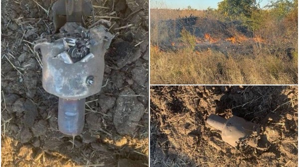 Trei fotografii ce surprind resturile distruse ale unor drone prăbușite pe un câmp, alături de un incendiu de vegetație uscată izbucnit în apropiere.