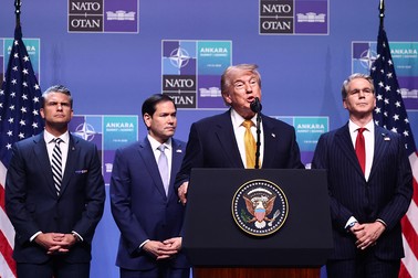 USA Secretary of War Pete Hegseth, USA Secretary of State Marco Rubio and USA President Donald Trump during the press conference at the NATO Summit in Ankara, Turkiye on July 8, 2026. (Photo by Jakub Porzycki/NurPhoto) (Photo by Jakub Porzycki / NurPhoto via AFP)