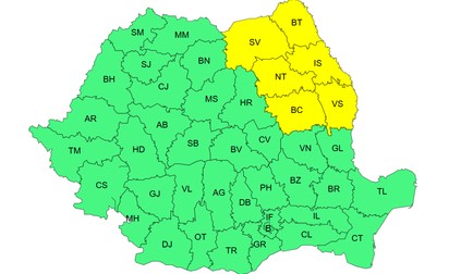 Harta cod galben ger 1 februarie arată zonele afectate din estul României Foto: ANM