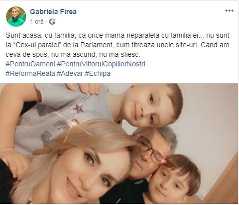 Postarea Gabrielei Firea prin care se delimitează de ”Cex-ul paralel”