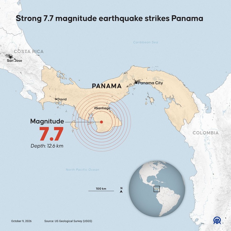 Infografic cu locația cutremurului de 7,7 pe scara Richter din Panama, 9 octombrie 2026. Sursă foto: Profimedia Images