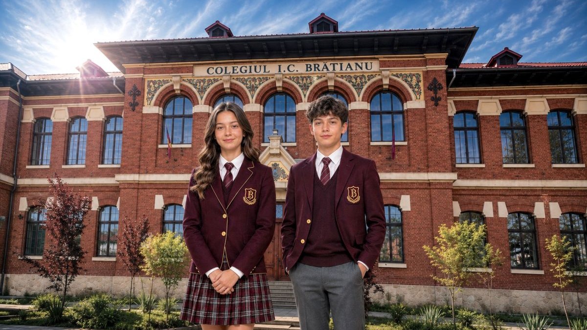 Doi elevi îmbrăcați în uniforme ca în Harry Potter stau în fața Coegiuli „Ion C Brătianu” din Pitești, august 2026
