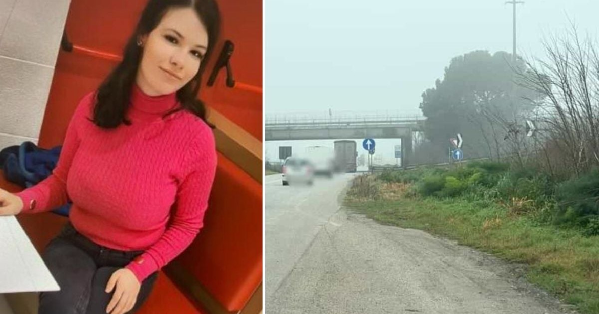 Imaginea este un colaj din două fotografii. În partea stângă: Portretul unei tinere cu părul închis la culoare, purtând o helancă roz aprins și pantaloni negri. În partea dreaptă: O fotografie realizată în exterior, pe marginea unui drum sau a unei șosele, într-o zi cu ceață. Se observă un viaduct în fundal, vegetație pe marginea drumului și câteva mașini care circulă în depărtare.