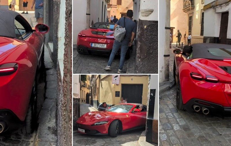Colaj de patru cadre ce surprind un Ferrari roșu blocat pe o stradă extrem de îngustă cu pavaj din piatră cubică.