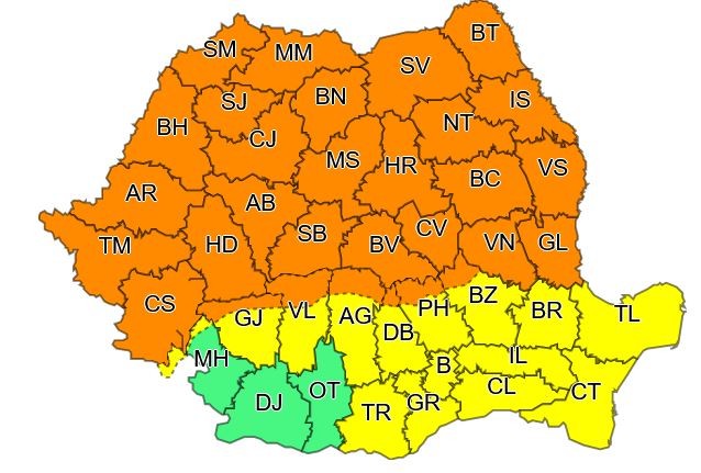 Harta zonelor vizate de un cod portocaliu până pe 23 iunie