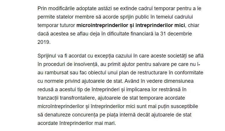 Extras din comunicatul de presă prin care Comisia Europeană anunța, la finalul lunii iunie, extinderea cadrului temporar pentru sprijinirea întreprinderilor mici și a celor nou-înființate