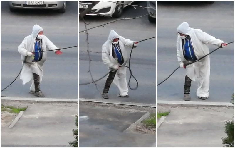Oamenii uitați de primari: muncitori cu salopete sfâșiate spală cu clor străzile din București