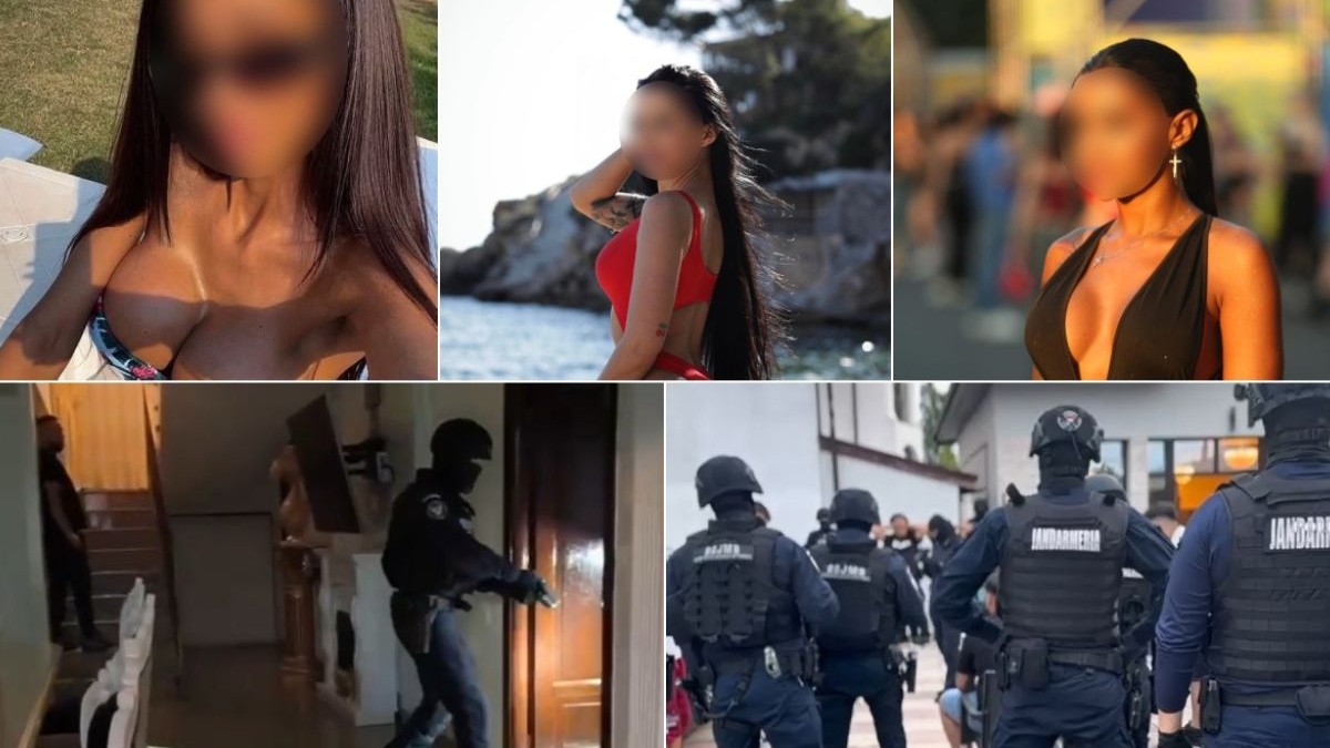 Colaj foto cu trei poze în partea de sus în care apar fețele blurate ale trei femei, îmbrăcate în costume de baie și două poze în partea de jos cu mascați în timpul perchezițiilor