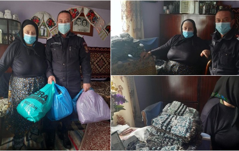 Lelea Floarea a lui Șarmaric a croșetat 40 de perechi de ștrimpi de lână pentru toți pompierii din Sângeorz Băi