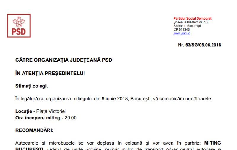 DOCUMENT/ Mitingul PSD din 9 iunie. Circulare trimise în toate judeţele - lanterne, autocolante în piept şi imnul pe foaie. Manifestanţii vor avea mâncarea asigurată de PSD