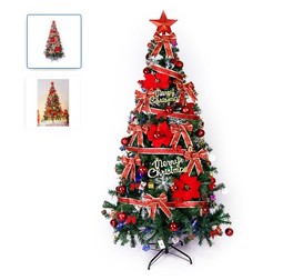 Set brad artificial de Crăciun și elemente decorative, decorat Full, înălțime 180 cm, verde, suport metalic inclus