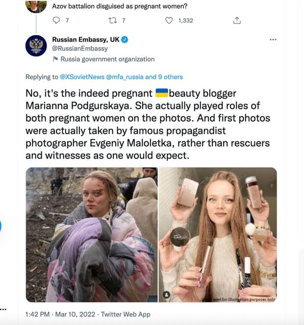Unul dintre tweet-urile Ambasadei Rusiei din Londra despre bloggerița însărcinată Marianna Podgurskaya | Foto: @Russian Embassy/Twitter