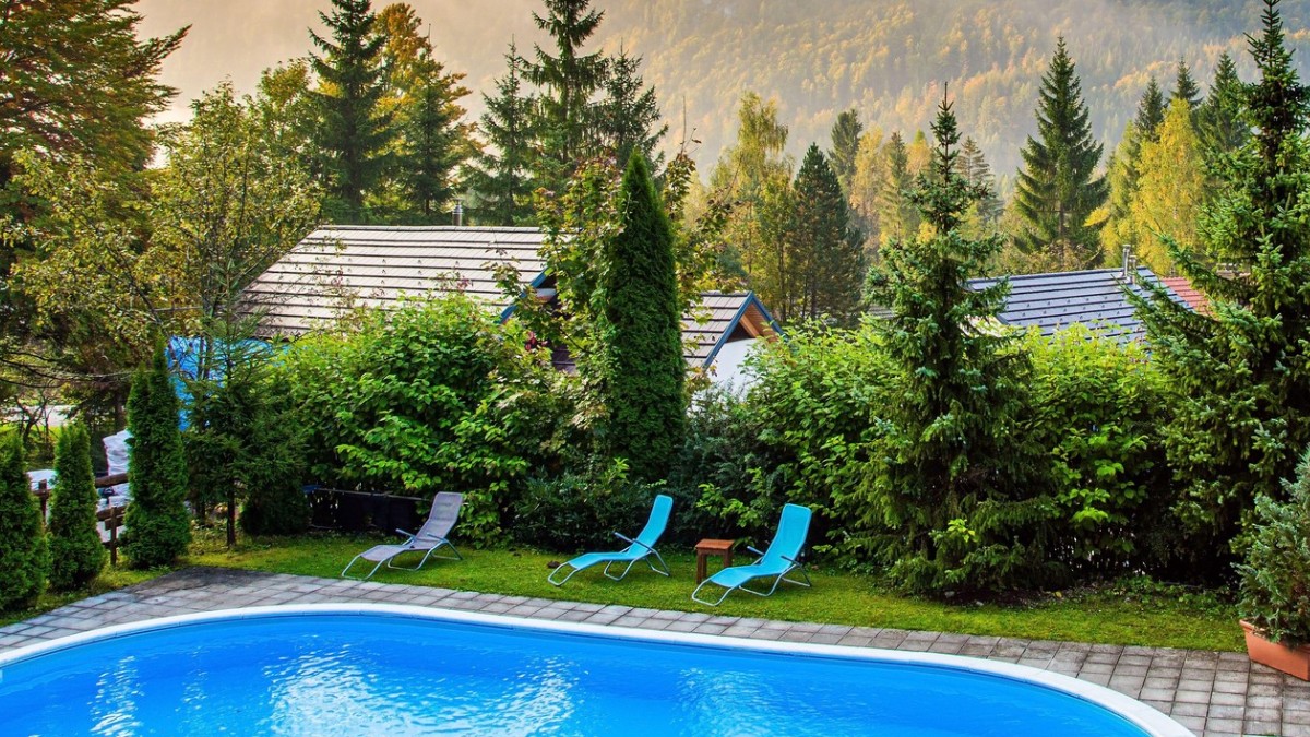 În imagine este ilustrată o piscină la munte. În jur se văd șezlonguri, brazi și copaci.