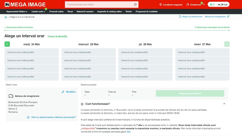 Pe site-ul Mega Image, livrările sunt indisponibile cel puțin până vinerea viitoare