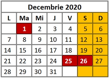 Zile libere decembrie 2020. În decembrie 2020 sunt 3 zile libere de la stat