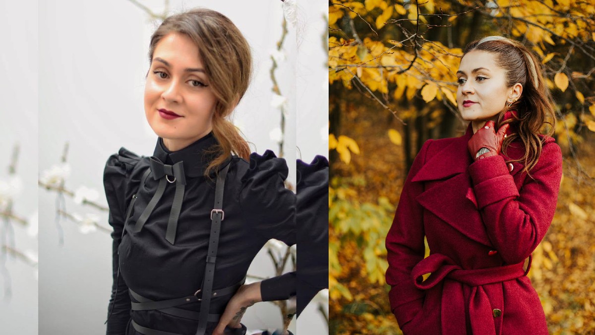 O femeie imbracata intr-o tinuta neagra, pe fundal alb// O femeie intr-un piesaj de toamna cu frunze galbene, imbracata in palton rosu si manusi de aceeași culoare