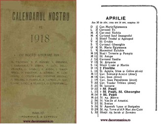 Calendar din anul 1918, când Paştele a picat în a doua jumătate a lunii Aprilie
