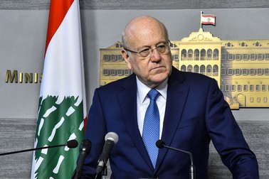 FILED - 27 March 2023, Lebanon, Beirut: Lebanese Prime Minister Najib Mikati speaks during a press conference following a meeting of cabinet. Photo: -/Dalati &amp; Nohra/dpa - ATTENTION: editorial use only and only if the credit mentioned above is referenced in full