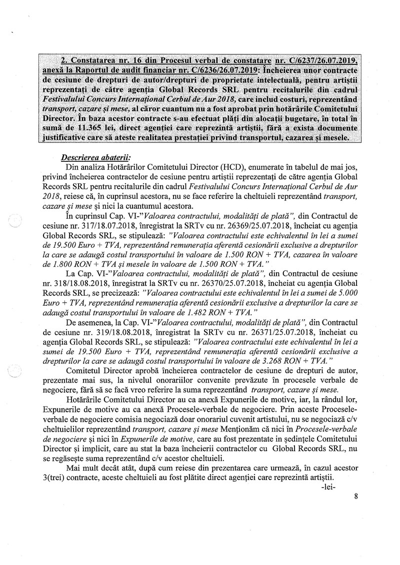 Documentul emis de Curtea de Conturi pe 16 septembrie 2019