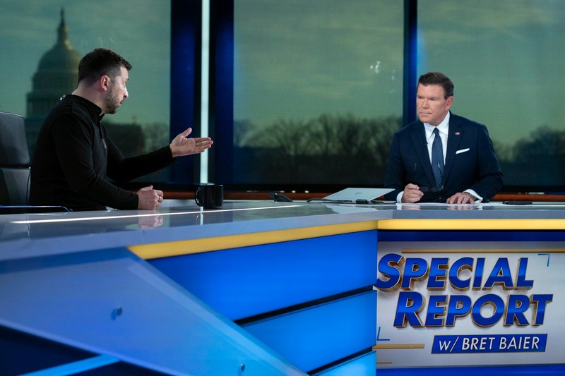 Ukraine's President Volodymyr Zelenskyy speaks during a interview with Bret Baier during a taping of FOX News Channel's Special Report with Bret Baier in Washington, Friday, Feb. 28, 2025.,Image: 970255612, License: Rights-managed, Restrictions: This content is intended for editorial use only. For other uses, additional clearances may be required., Model Release: no, Pictured: Bret Baier,Volodymyr Zelenskyy