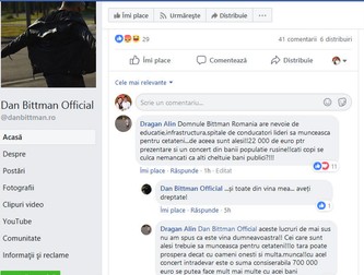 Comentarii negative pe pagina oficială de Facebook a lui Dan Bittman